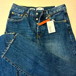 Mango Mid-Blue Straight Leg Jeans with Frayed Hem